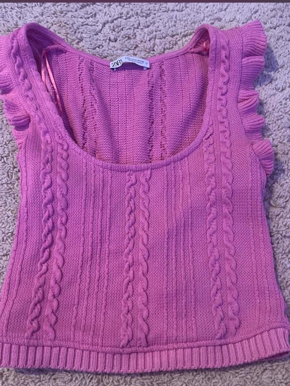 Zara Fuchsia Cable-Knit Ruffled Shoulder Tank